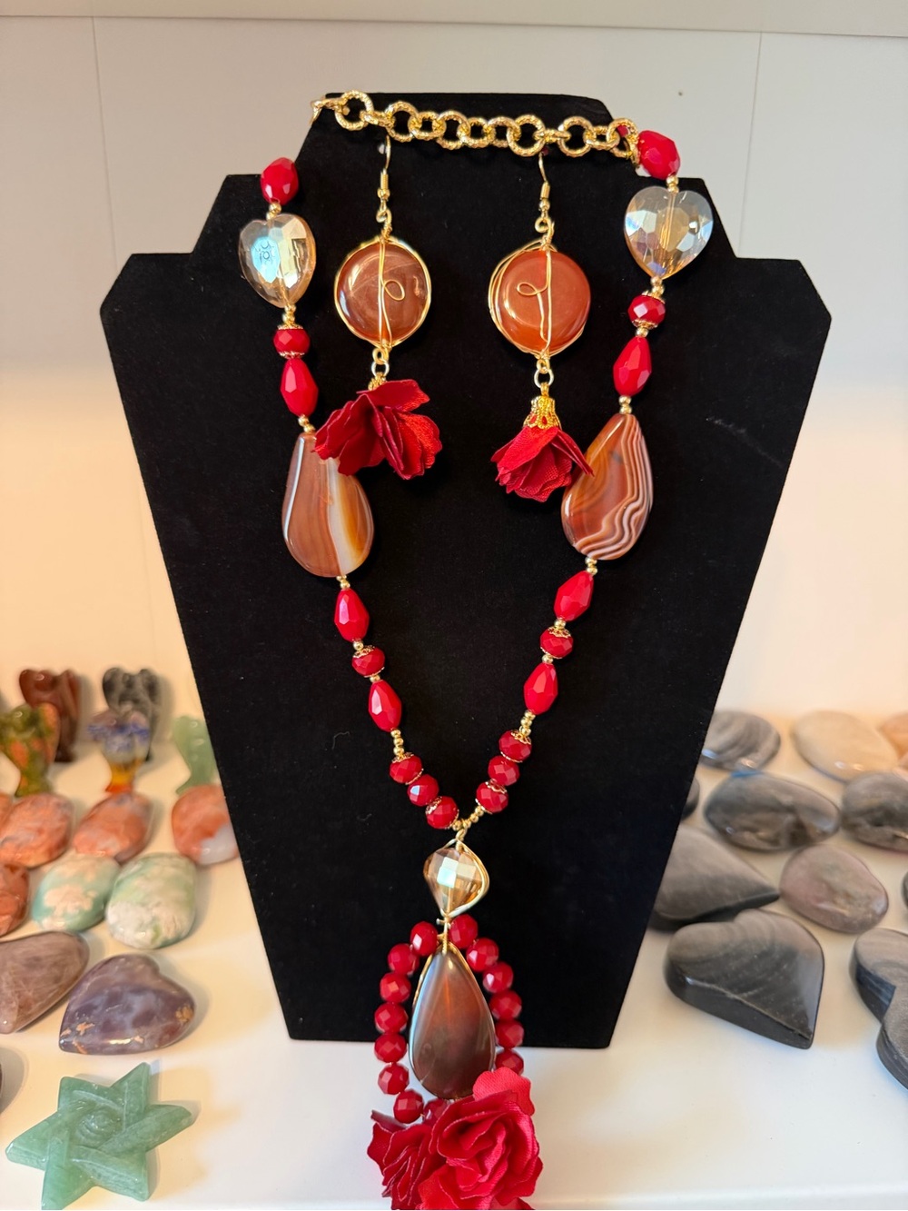 Red Agate Floral Drop Necklace and Earrings Set
